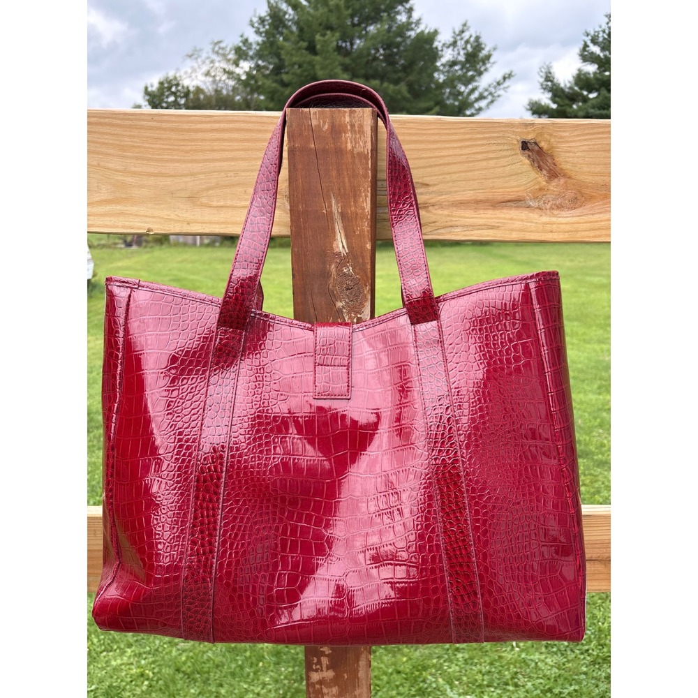 Elizabeth Arden Red Croc Embossed Glossy Tote Bag Faux Leather Shoulder Bag - Picture 2 of 11